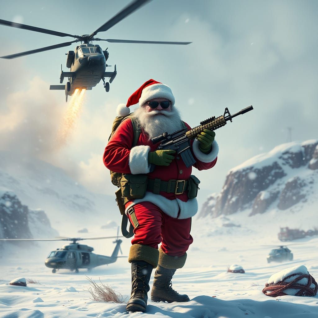 Heroic Tactical Santa Claus in War-Torn Landscape with Apach...
