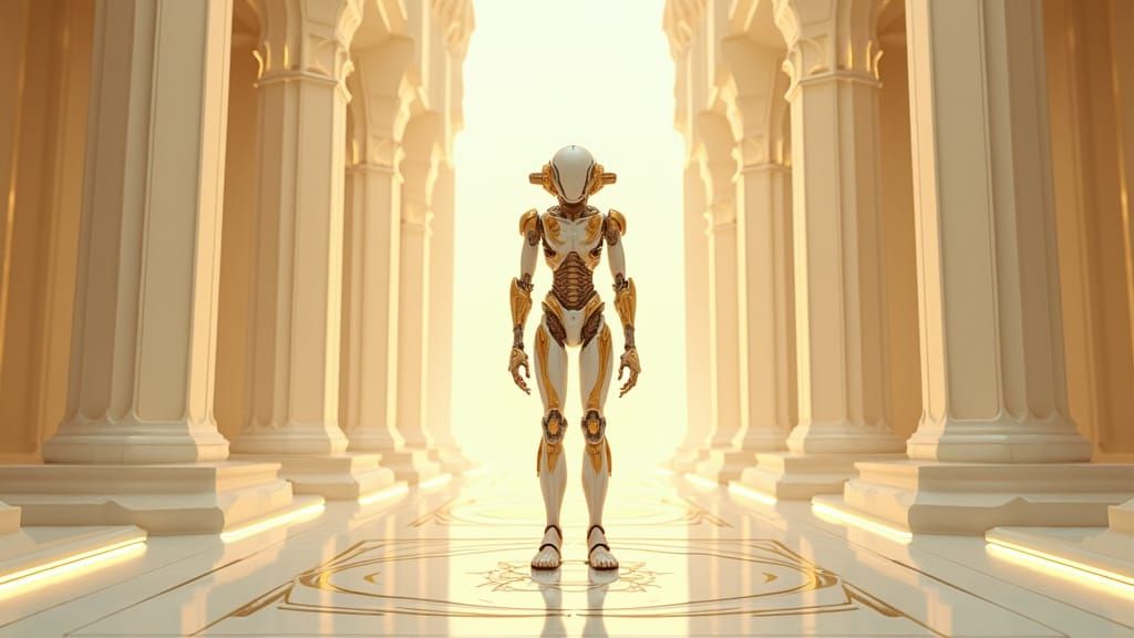 Futuristic Alien Robot in Ivory and Gold Temple