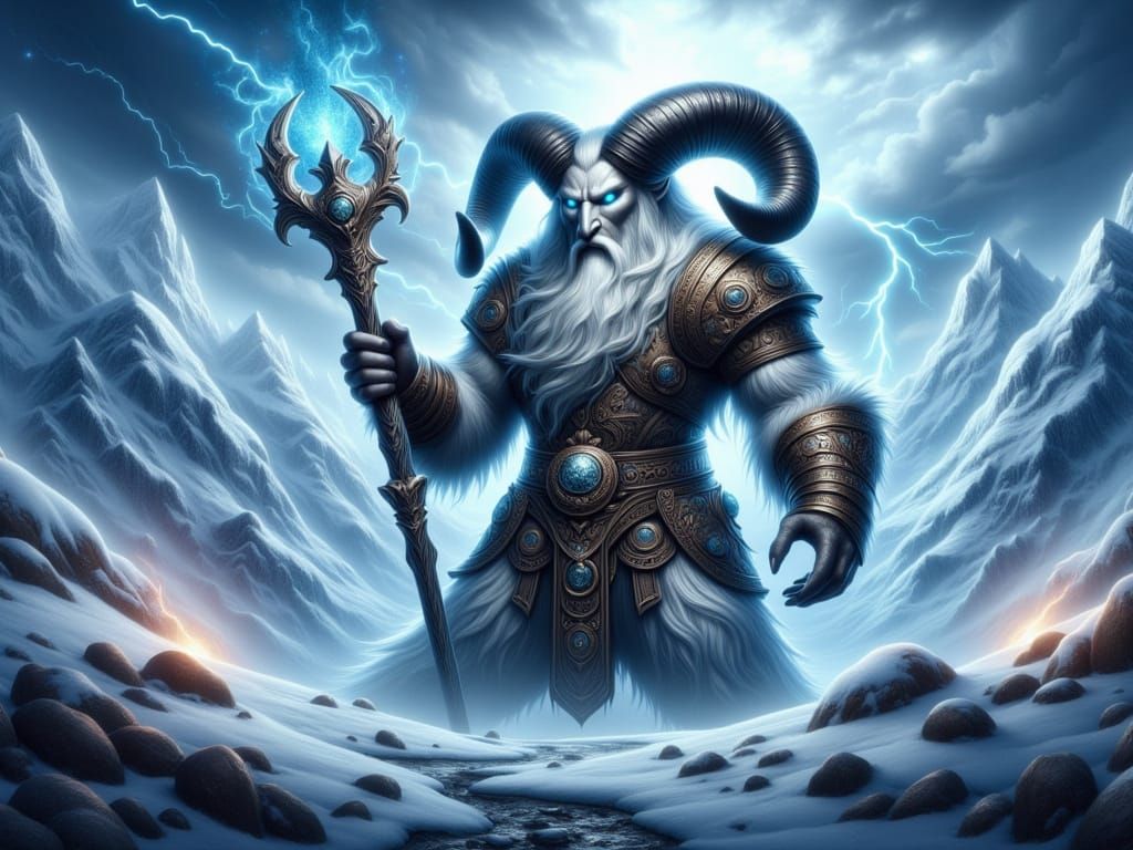 Ancient Ram-Headed Shaman Deity in Nordic-Inspired Armor