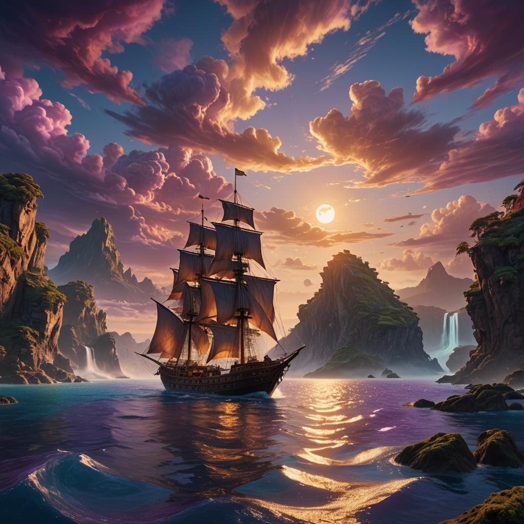 Majestic Boat Sails Through Mystical Archipelago at Sunset
