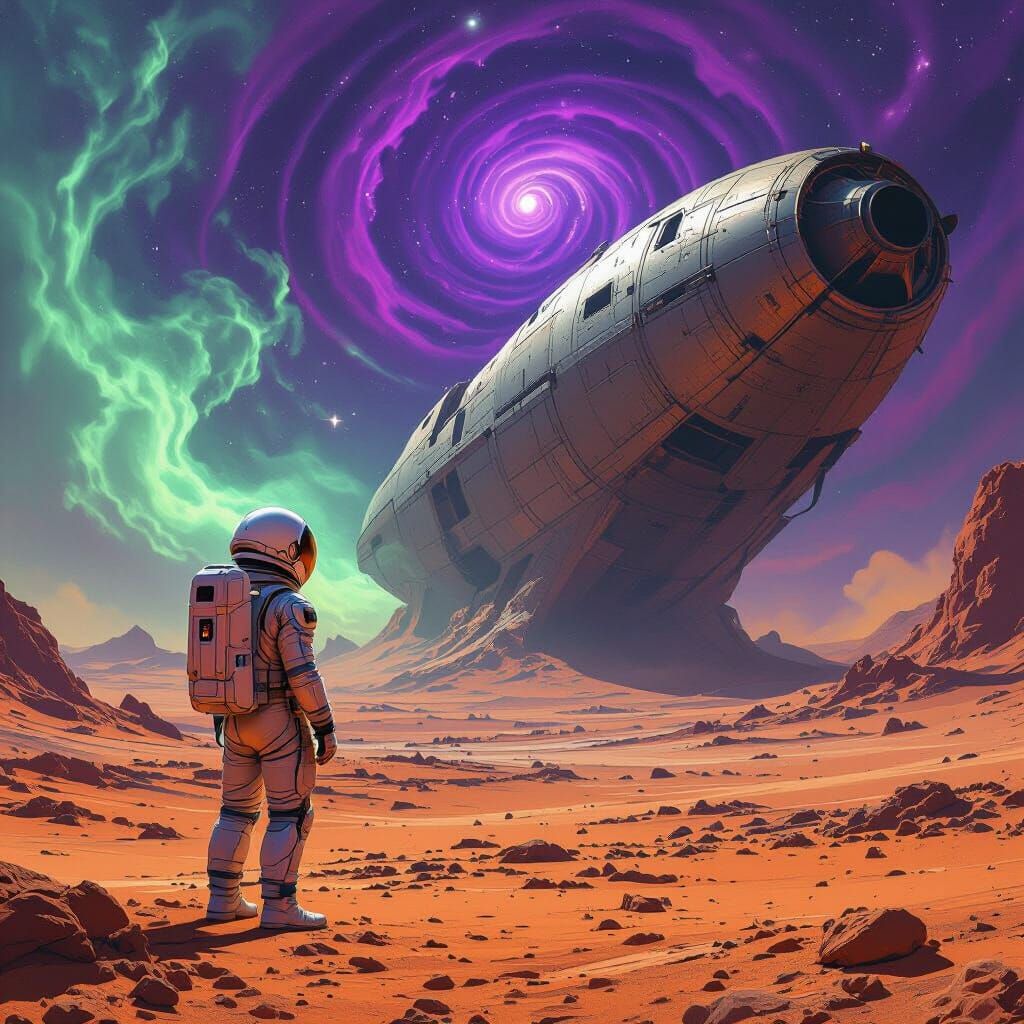 Astronaut Gazes at Derelict Spaceship on Alien Planet