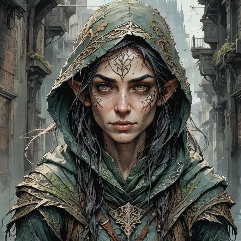 Ornate Portrait of Female Elf Rogue in Cityscape