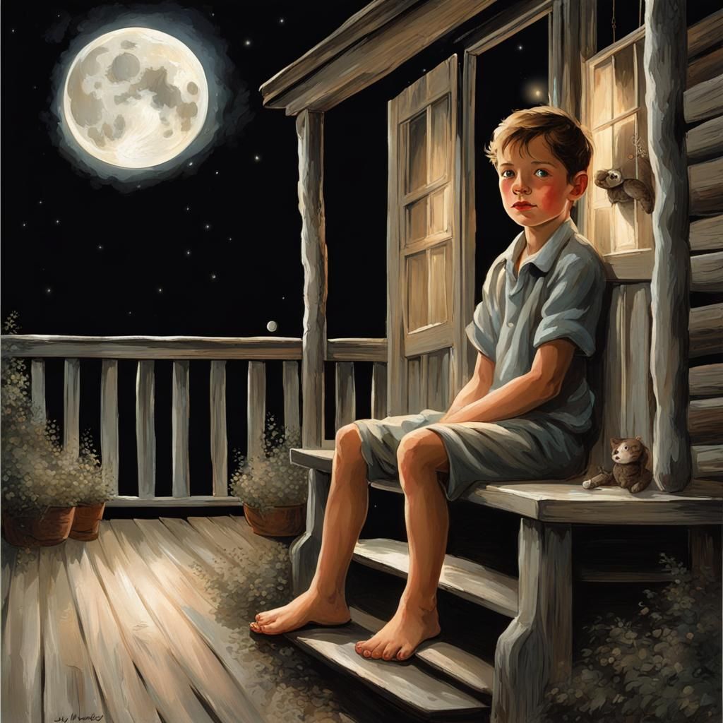 Moonlit Porch Scene with Boy Gazing at Moon