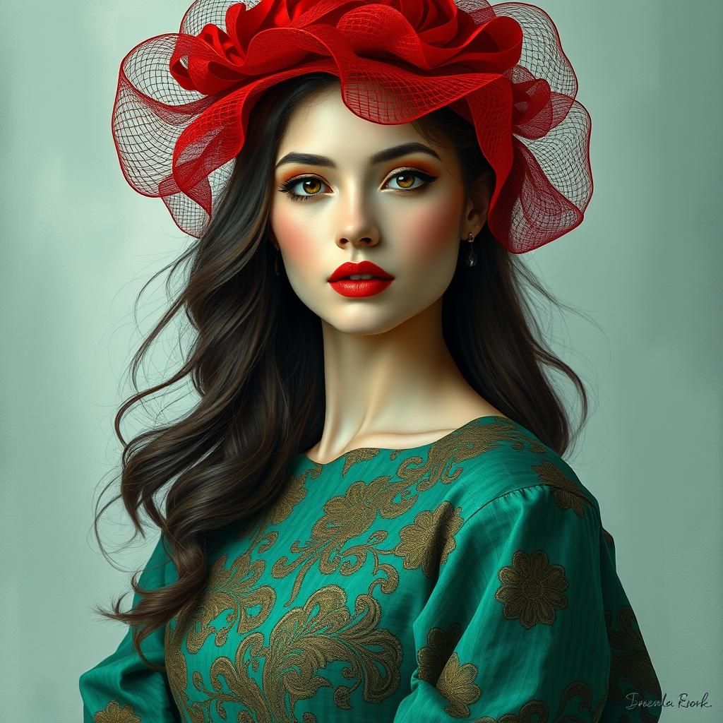 Emerald Elegance: A High-Fashion Impressionist Portrait