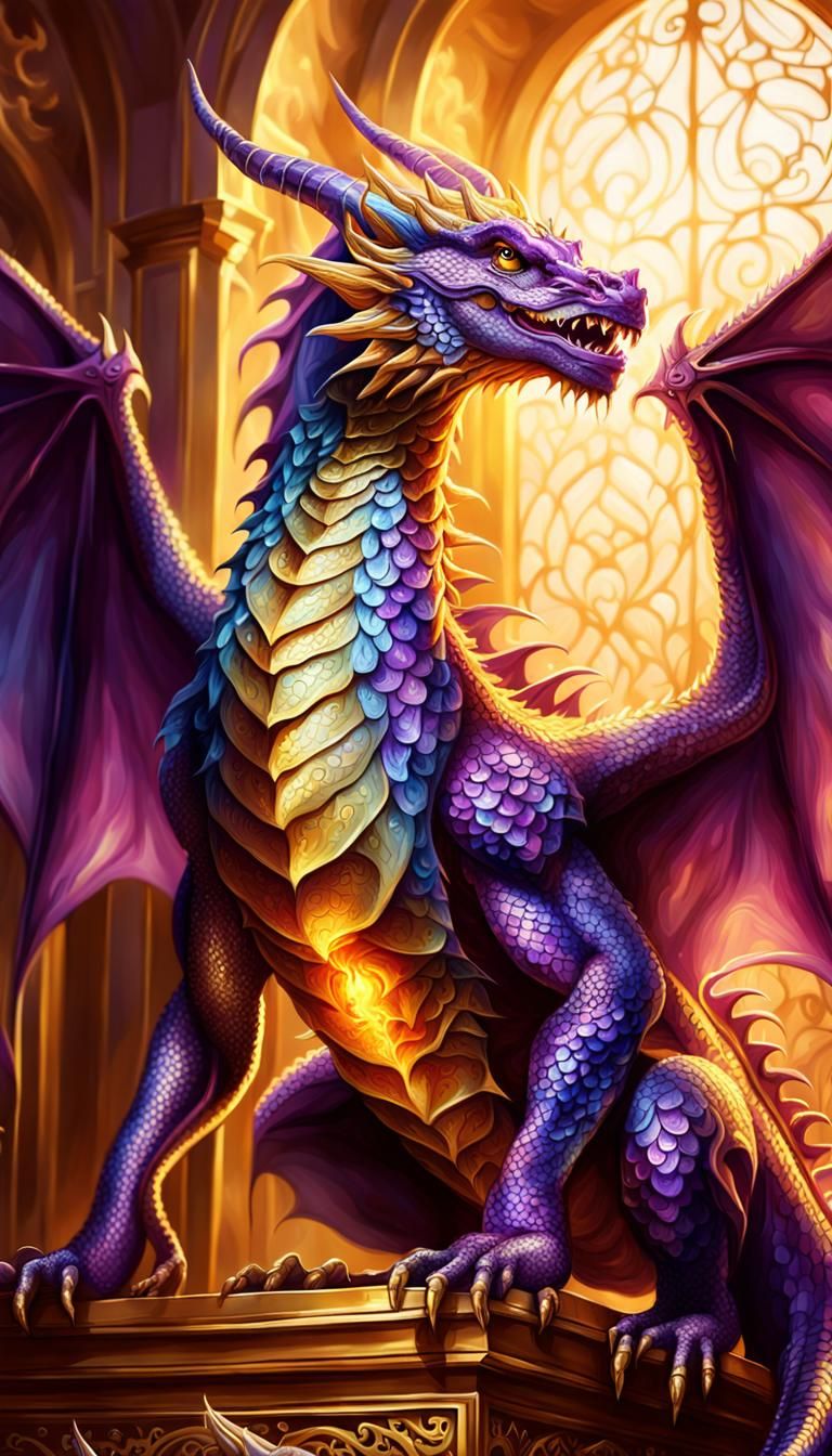 Purple Dragon in Golden Room: Oil Painting
