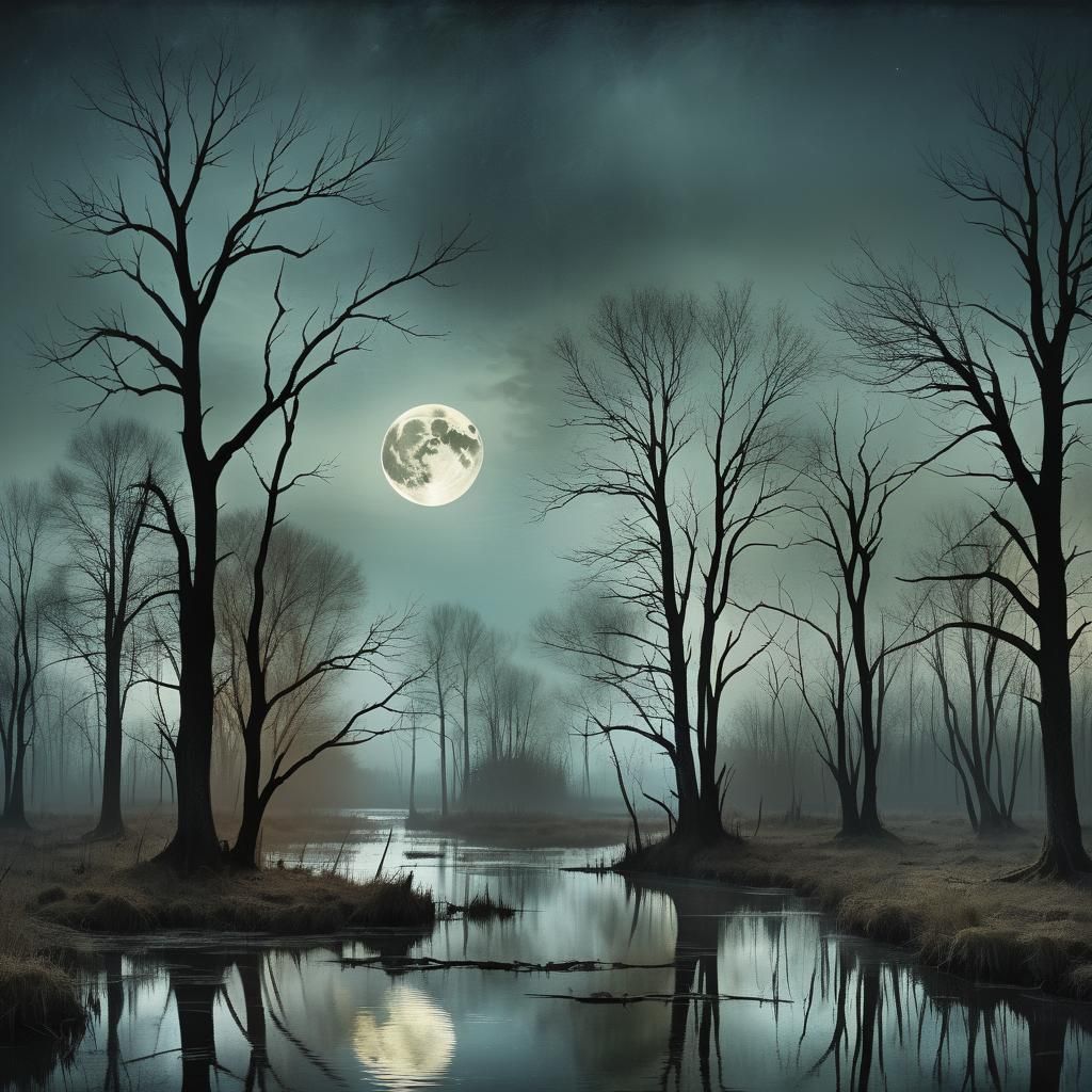 Surreal Cel-Shaded Swamp Landscape in Moonlight