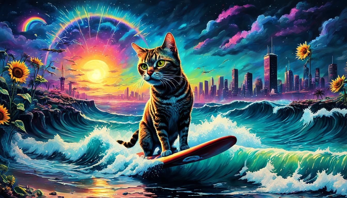 Cat Surfing Ocean Waves in Cyberpunk Style