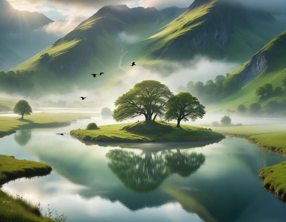 Lone Oak Tree on Misty Island at Dawn