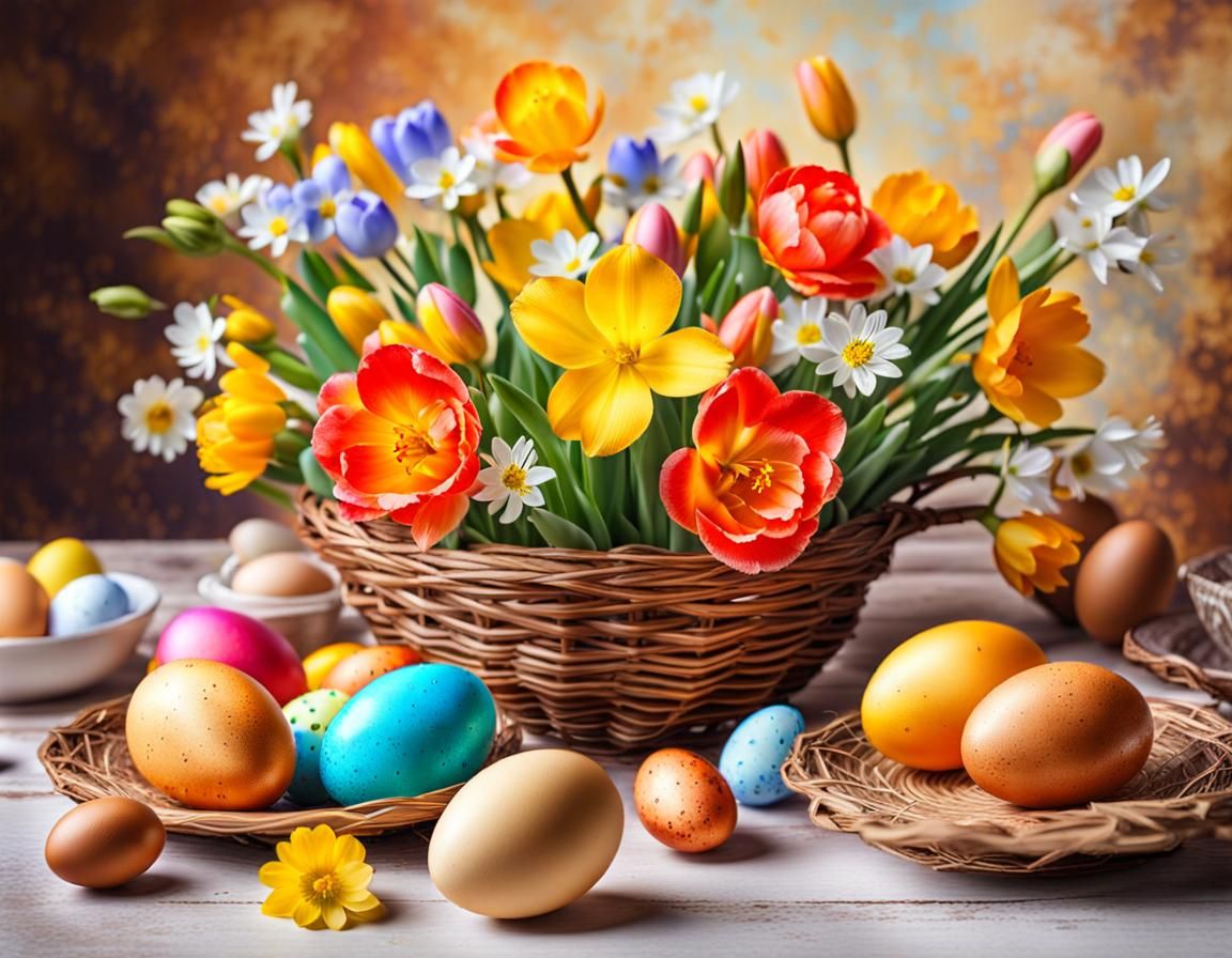 Easter Eggs and Spring Flowers Still Life