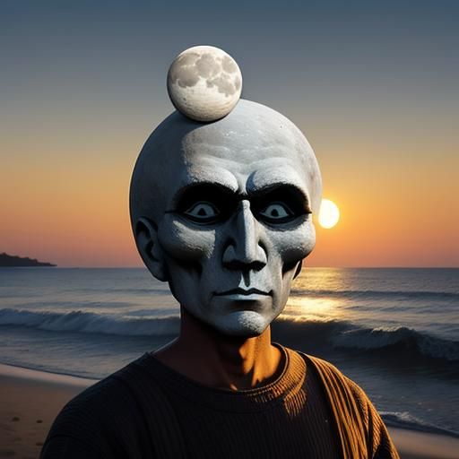 Moon Figure on Beach at Sunset