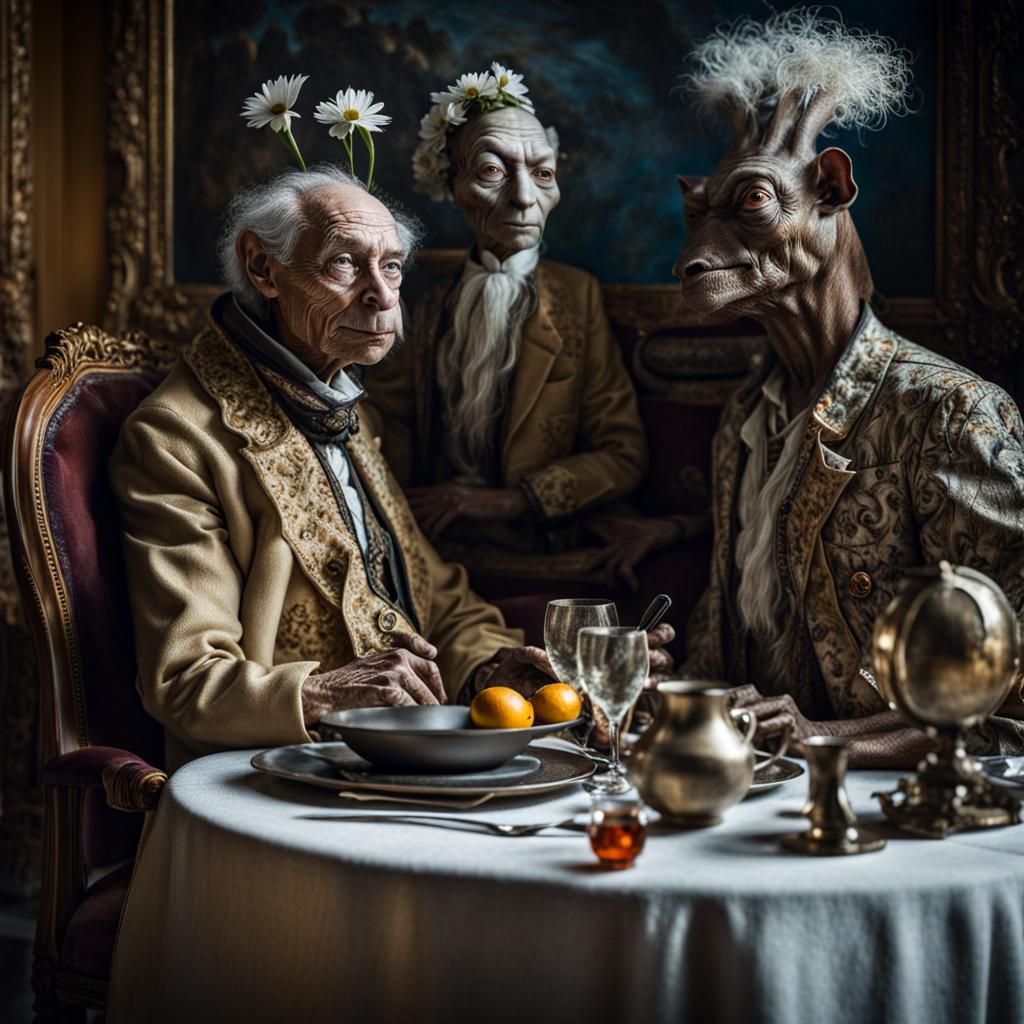 Surreal Alien Restaurant Celebration in Gritty Detail