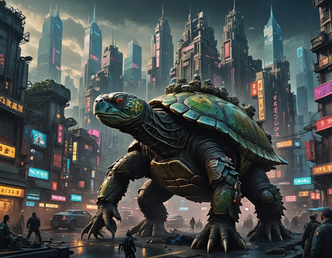Cyberpunk Turtle Kaiju in Epic Digital Painting