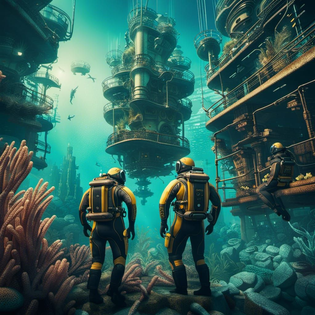 Futuristic Underwater City with Vintage Divers