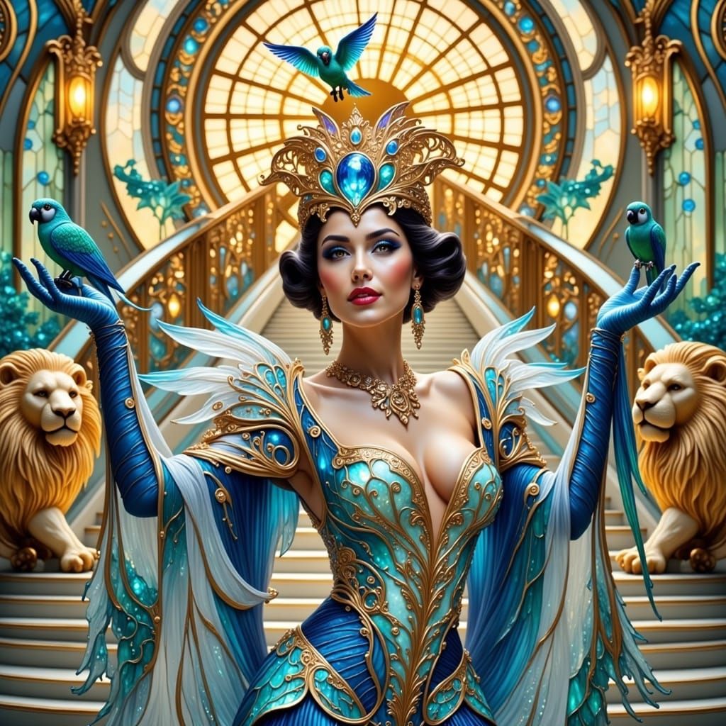 Futuristic Art Nouveau Showgirl in Gouache and Watercolor