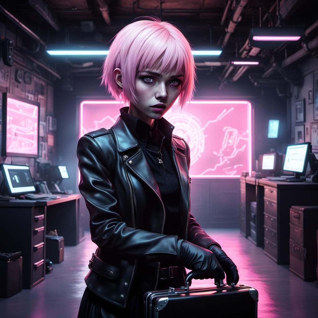 Shocked Pink-Haired Goth with Glowing Briefcase