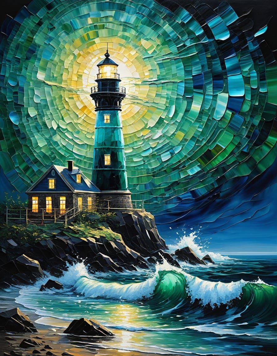 Luminous Sea Glass Lighthouse in Abstract Style