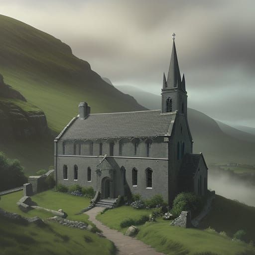 Quaint Irish Village Church in Misty Landscape