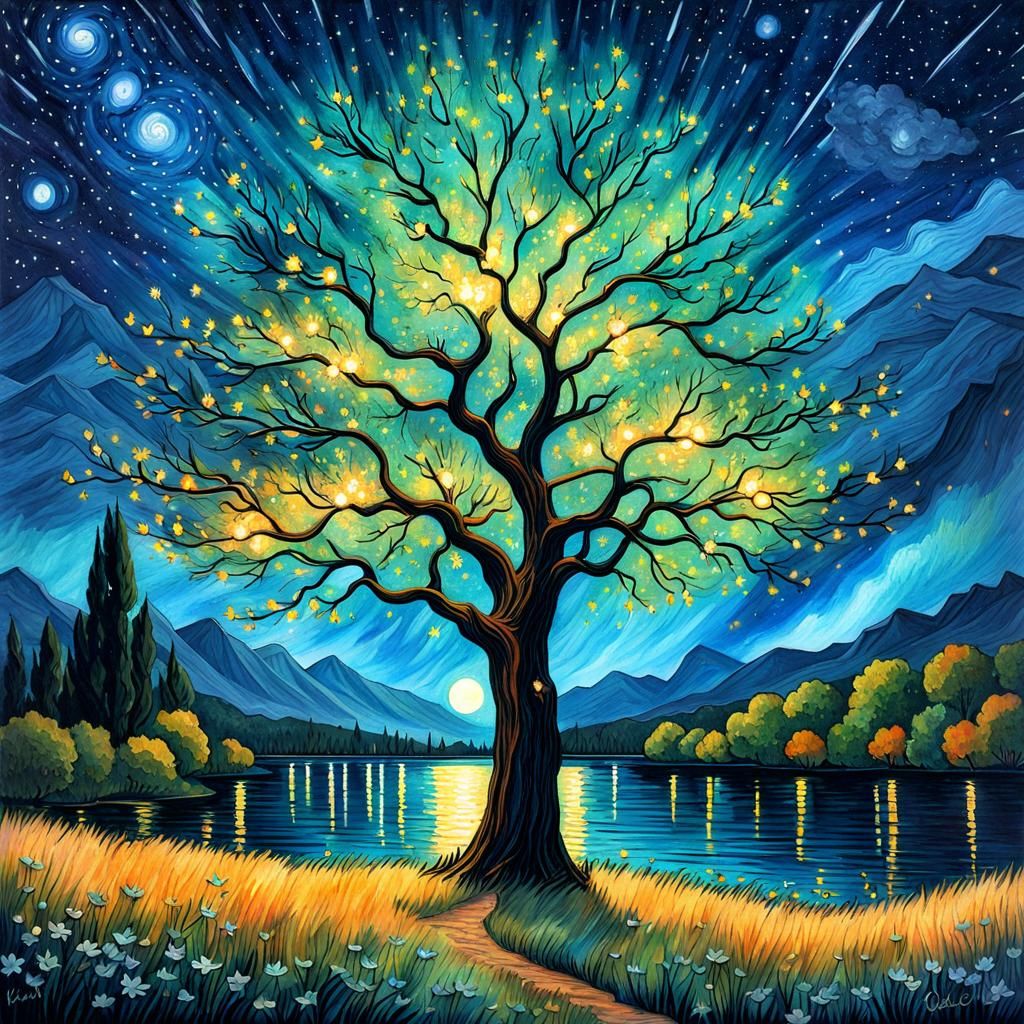 Glittering Starry Night: Gothic Watercolor Lake