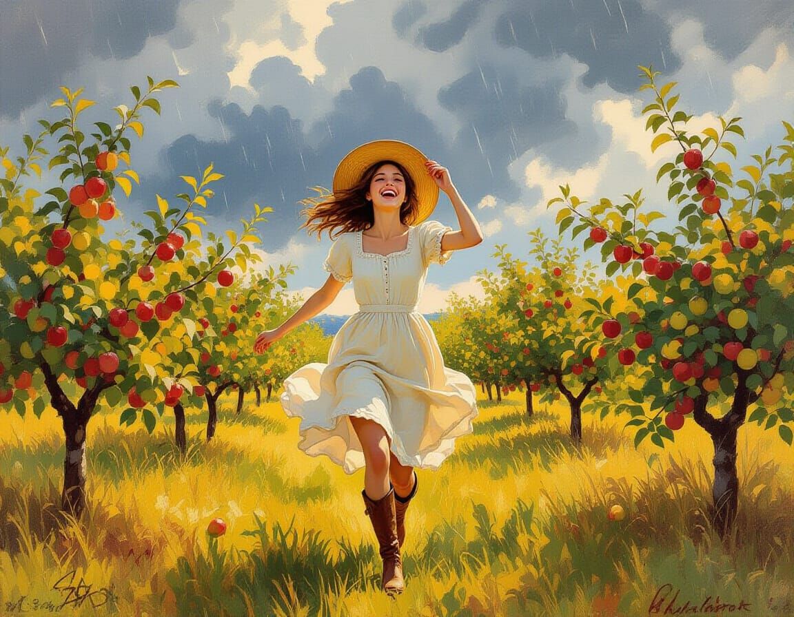 Orchard Run: Impressionistic Storm in Vibrant Colors