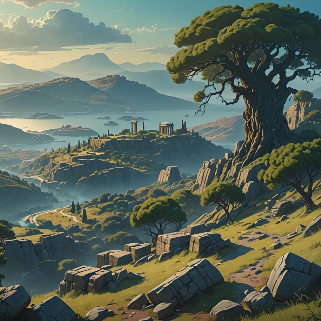 Idyllic Lesvos Island Landscape in Ancient Greek Style