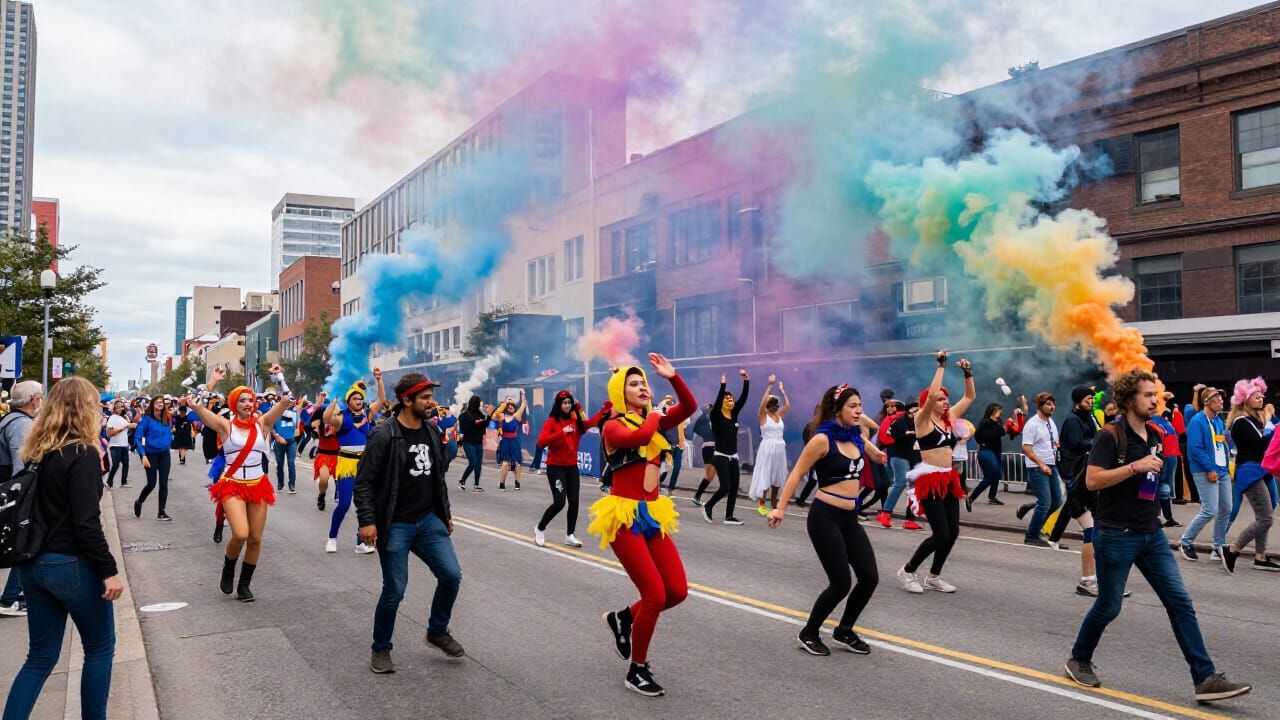 street party with coloured smoke
