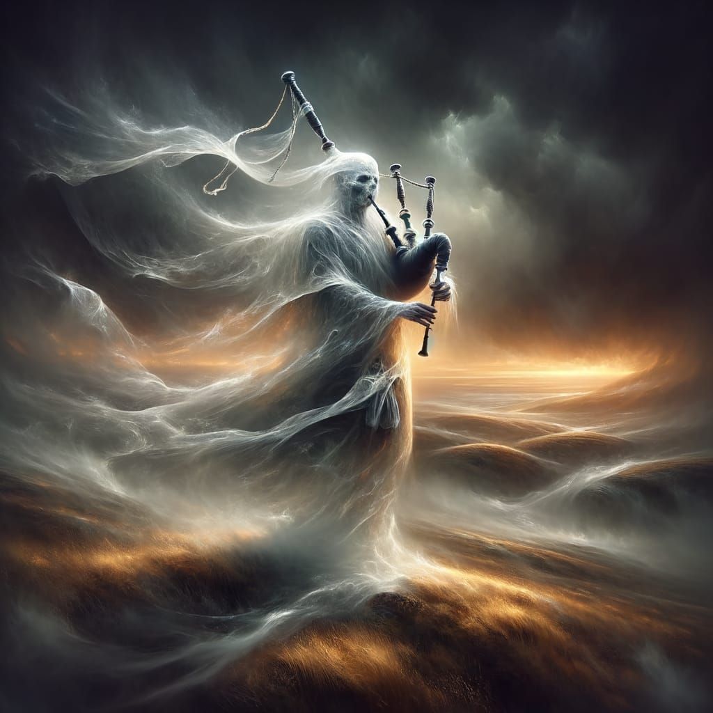 Ghostly Bagpiper on Windswept Moor in Romantic Style