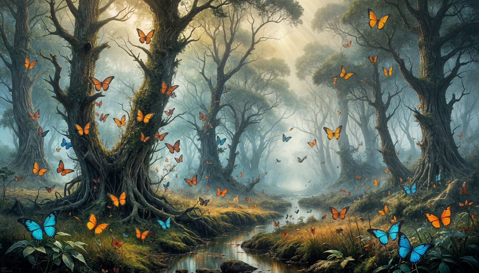 Surreal Fantasy Landscape with Venerable Oak and Colorful Bu...