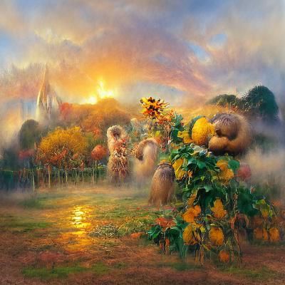 Autumn Orchard Sunset: Ethereal Fantasy Painting