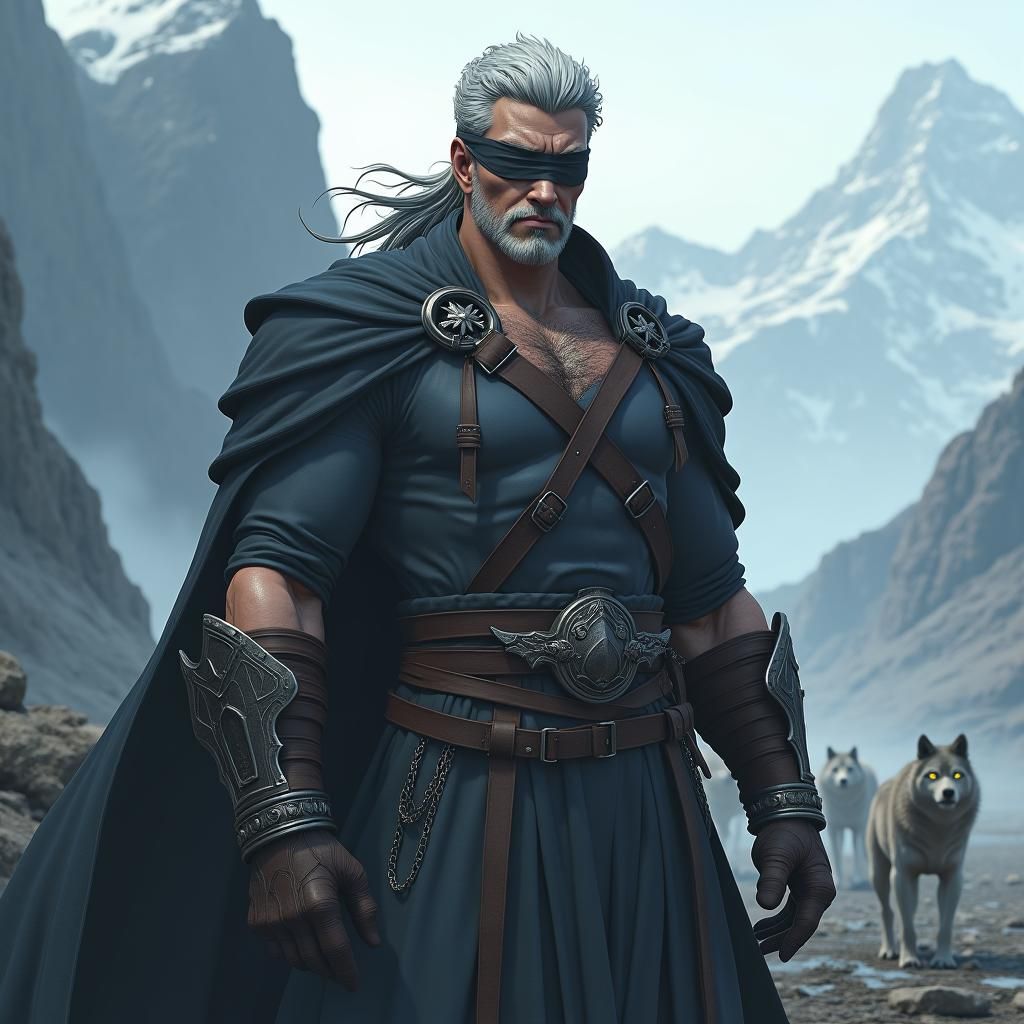 Imposing Blindfolded Man in Anime Style