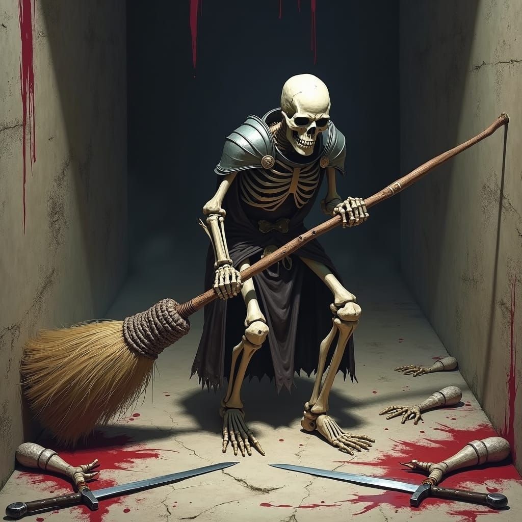 Sad Skeleton Sweeping a Bloody Dungeon