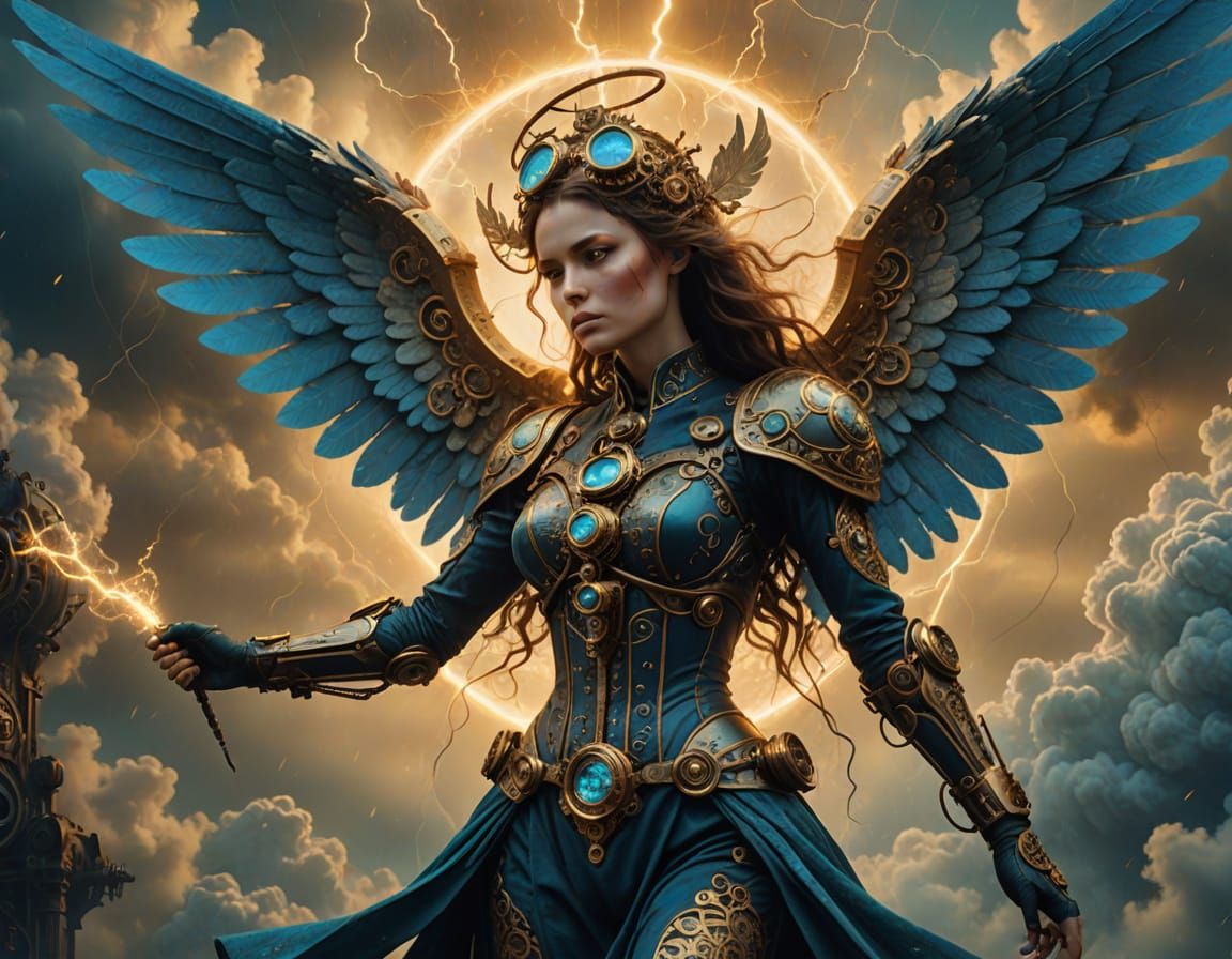Steampunk Angel with Clockwork Wings in Storm