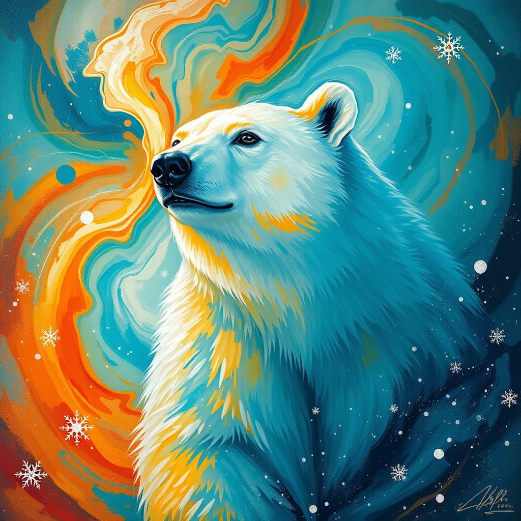 Ethereal Polar Bear Amidst Vibrant Aurora Borealis