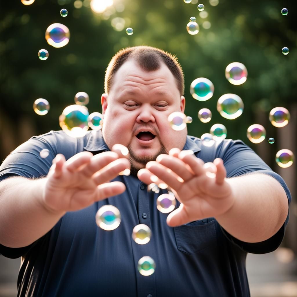 Fat Man Trying to grab all the Bubbles