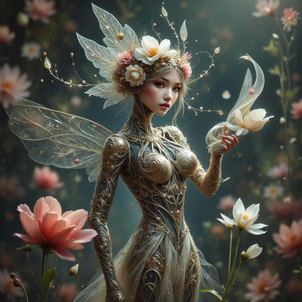 Nymph Cyborg Robot in Floral Setting