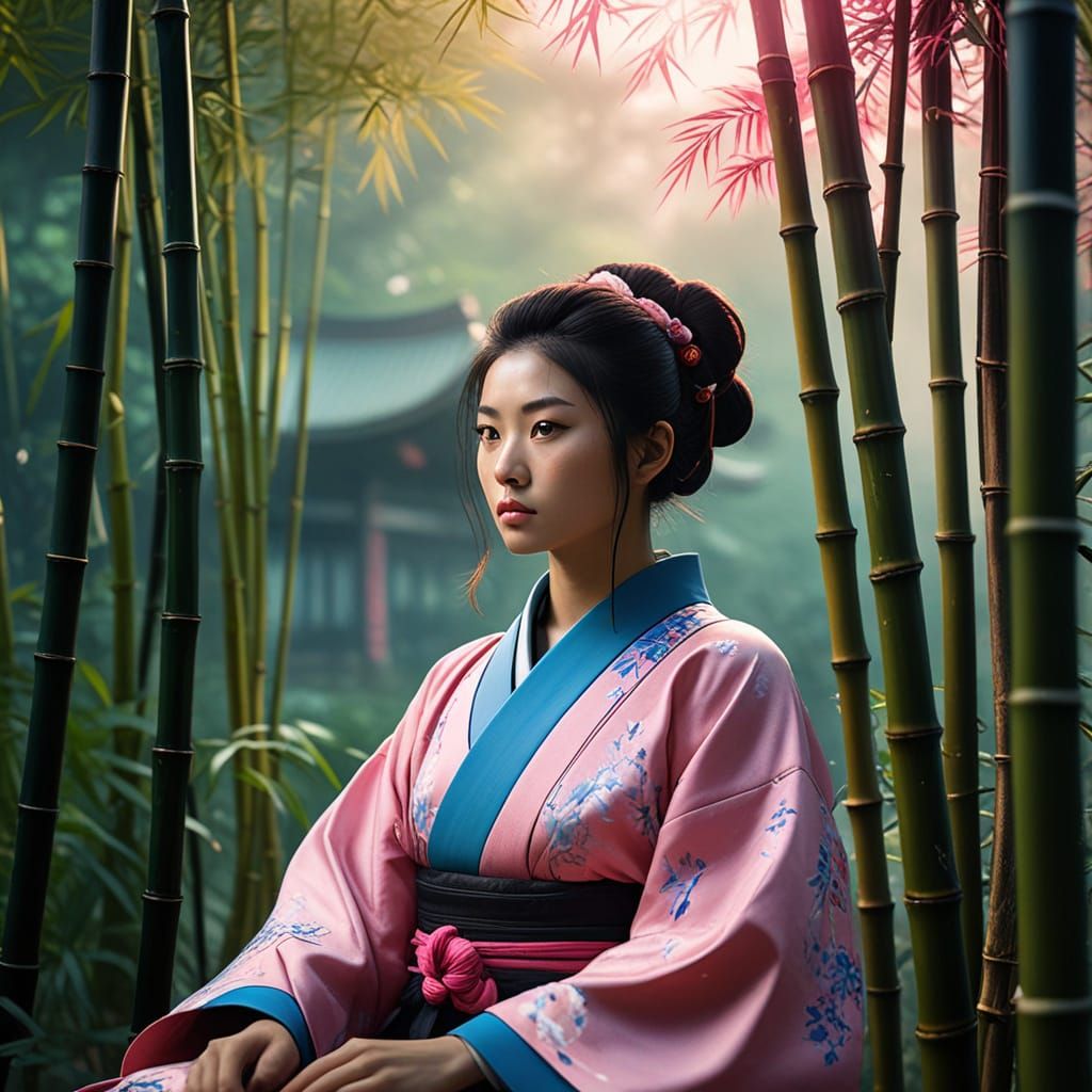 Lone Samurai in Bamboo Garden: Cinematic Digital Art