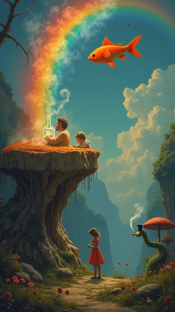 Surreal Dreamscape with Fish, Baby, and Rainbow
