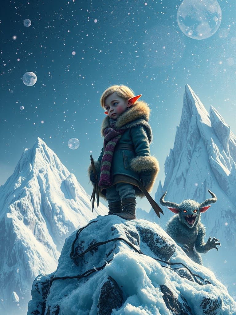 Little Elf Standing on Ice Mountain, Gazing Down at Frosty M...