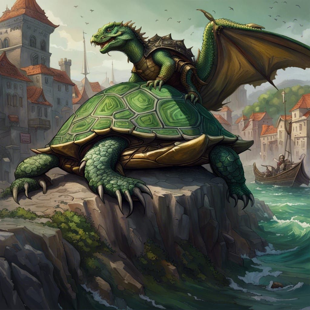 Dragon Turtle Besieges Coastal City in Dark Fantasy Style