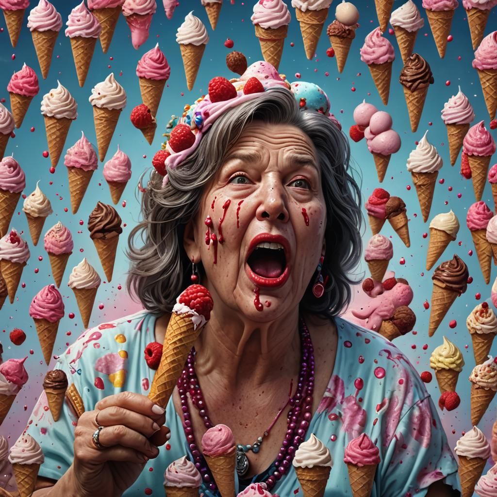 Detailed Painting of Woman Licking Raspberry Ice Cream