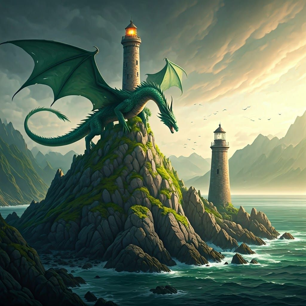 Majestic Green Dragon Soars Over Lighthouse