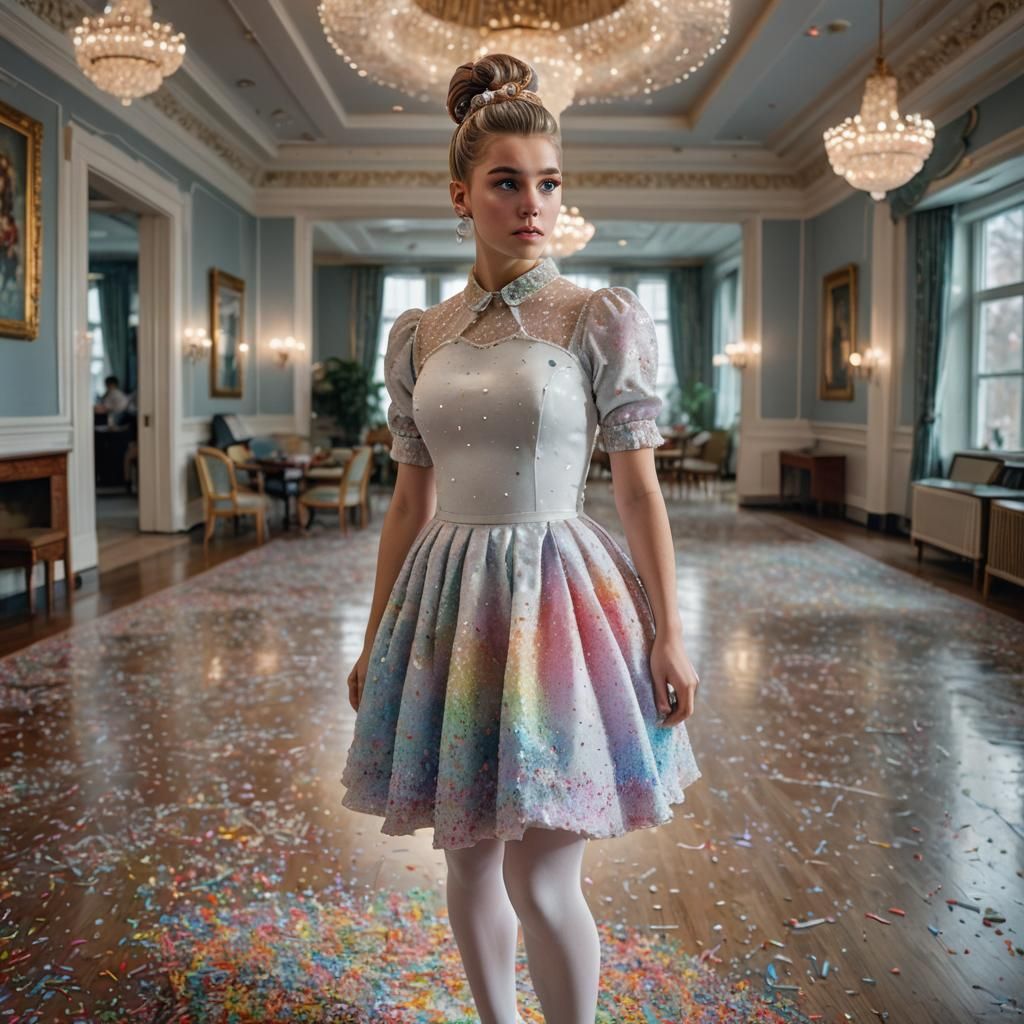 Girl in Donut Dress in Hyperrealistic Ballroom