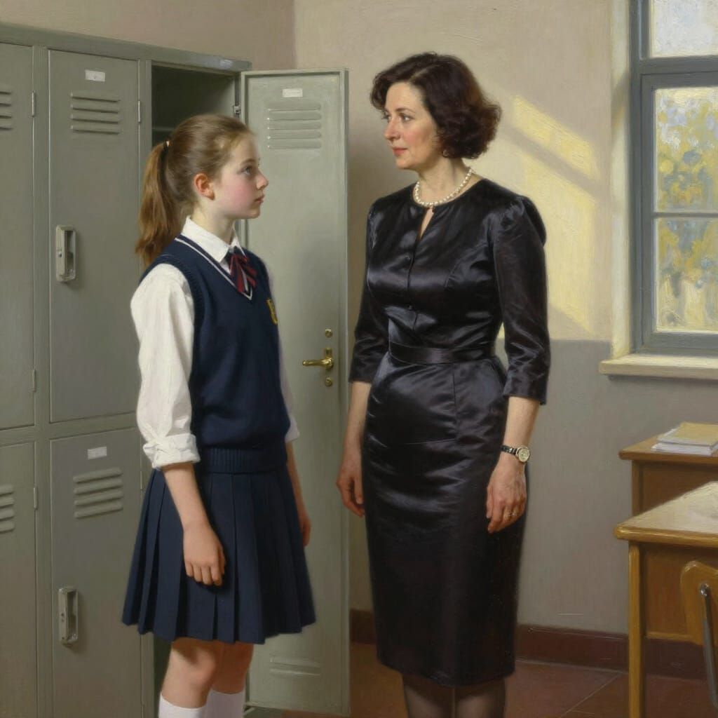 Teacher and Student by Lockers in Oil Painting Style