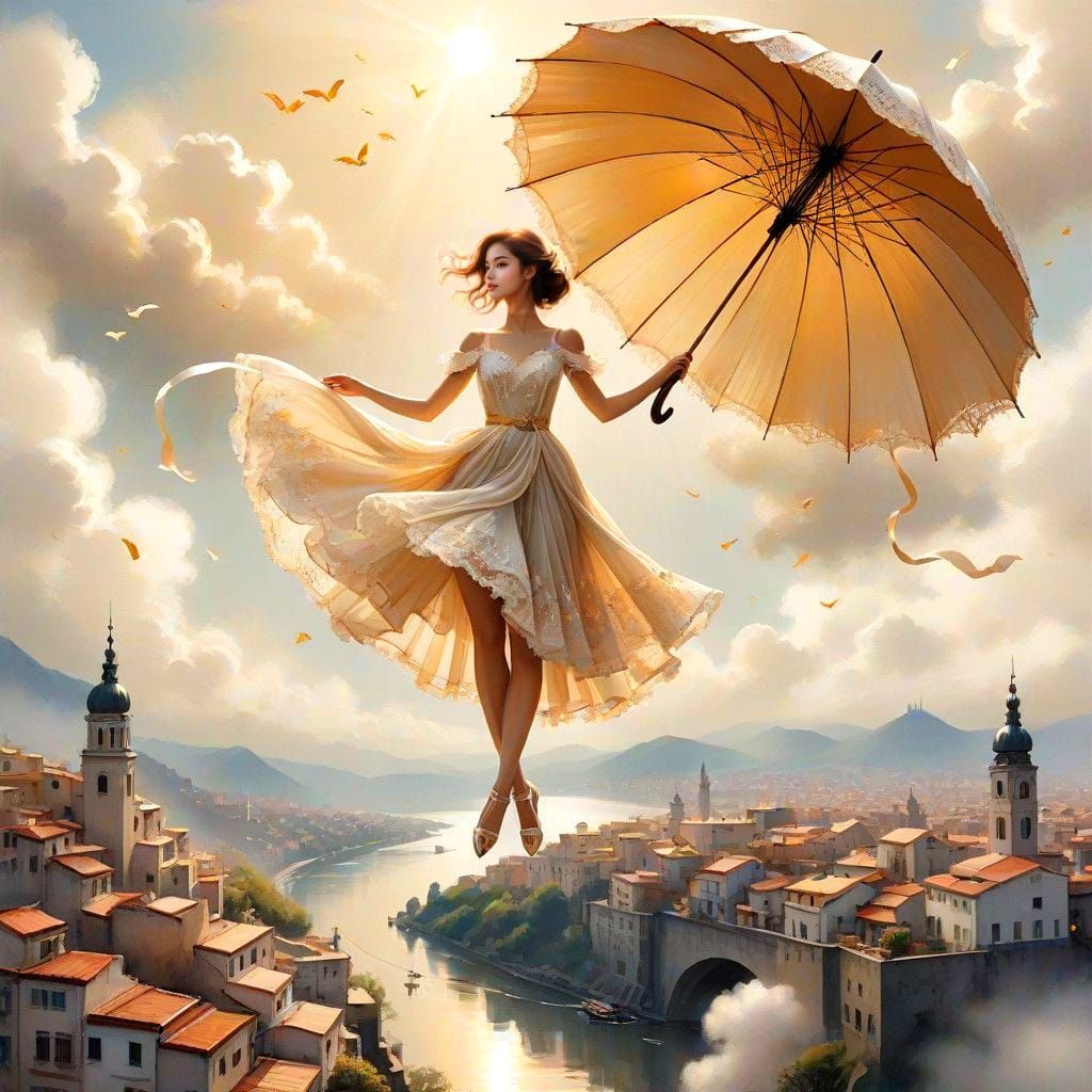 Enchanted Young Woman Soars with Umbrella in Impressionistic...