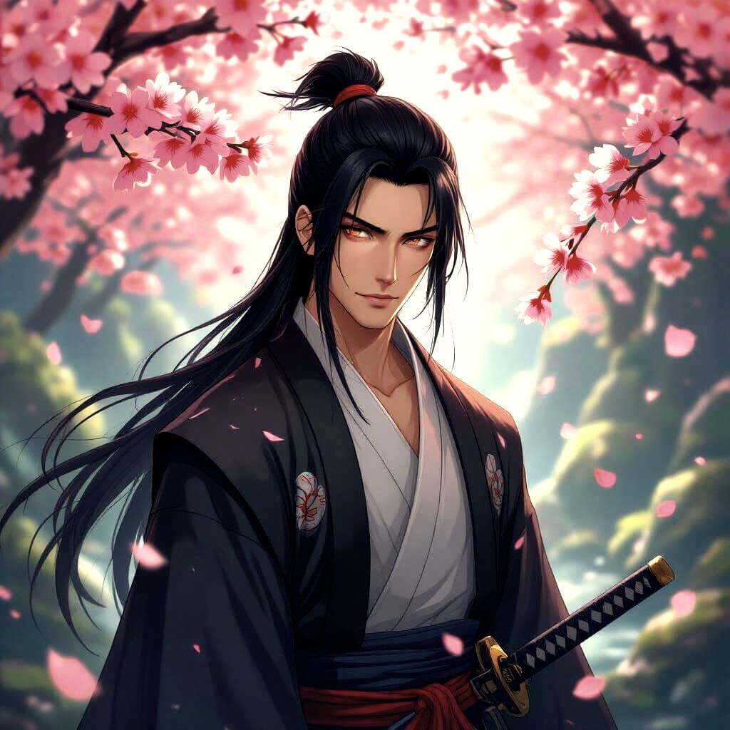 Anime Samurai with Silver Eyes in Cherry Blossom Grotto