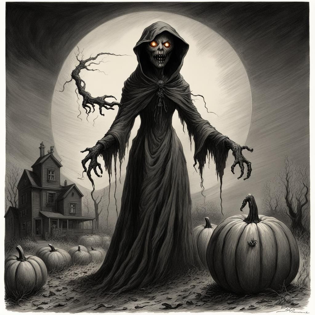 Demonic Eldritch Female Pumpkin Head in Horror Style