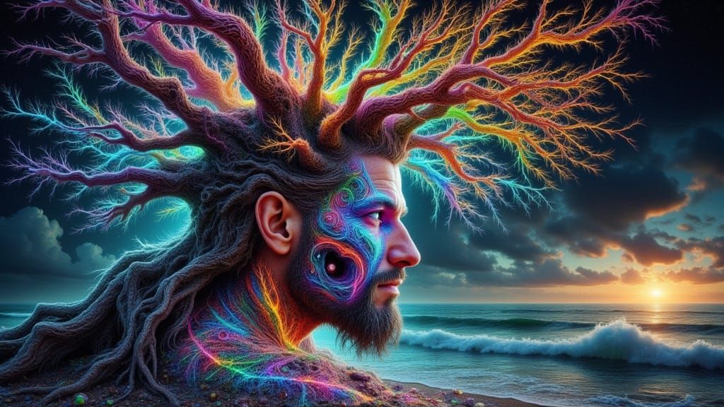 Binary Man on Tropical Beach in Gothic Whimsy Style