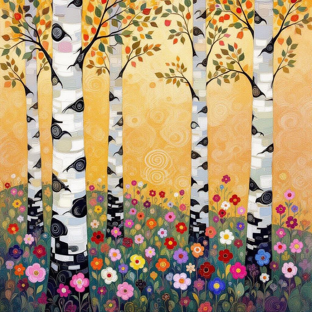 Birch Trees with Iridescent Swirls in Art Nouveau Style