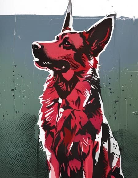 German Shepherd in Trash Polka Tattoo Style