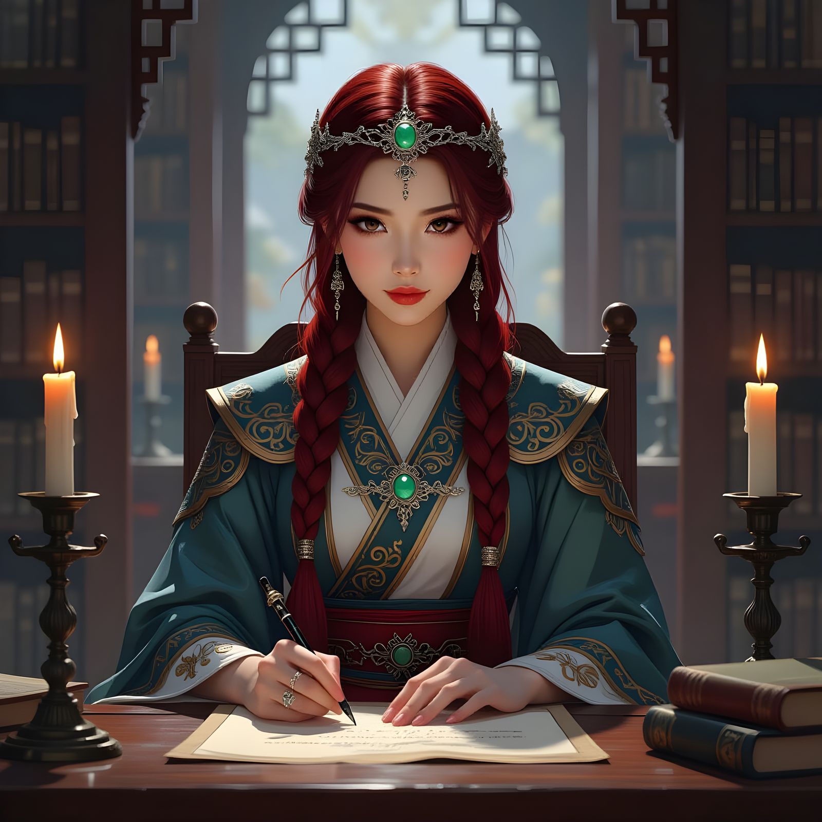 Asian Woman in Library with Silver Headband