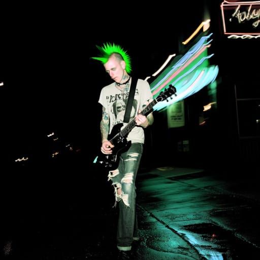 Punk Musician with Green Hair on Gritty Street at Night